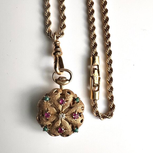 VTG 14KGold Pendant Watch with Floral Motif encrusted Rubies, Emeralds & Diamond - Picture 3 of 13